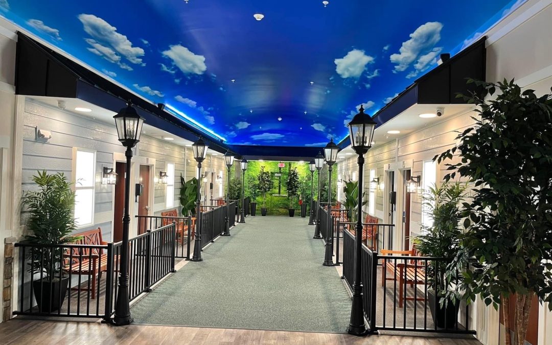 A hallway mimicking an outdoor street, with a blue sky and clouds ceiling. Tall lampposts, potted plants, and benches line both sides, creating a serene outdoor atmosphere.