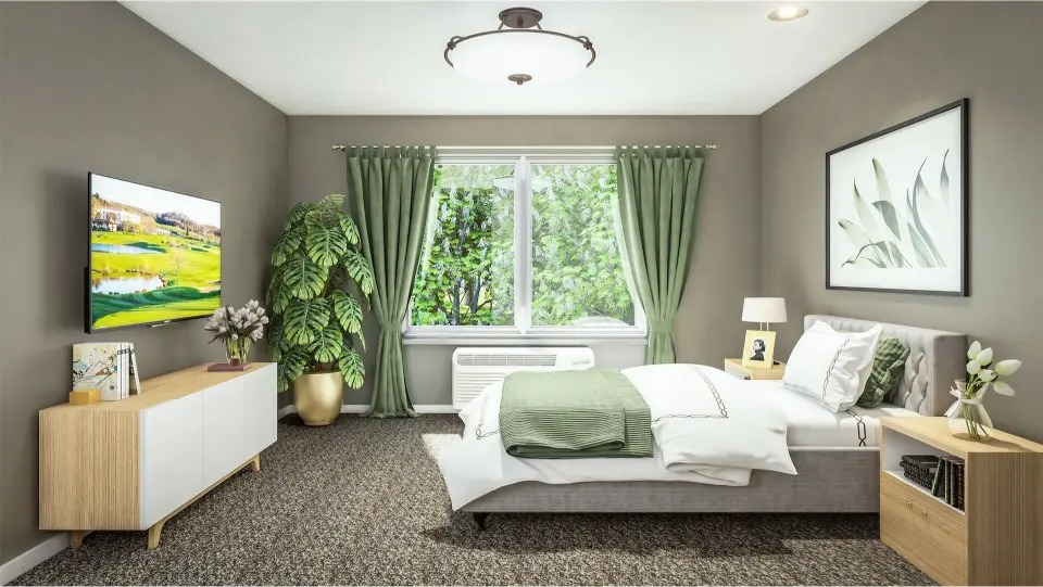A cozy bedroom features a neatly made bed with green accents, a large window with green curtains overlooking greenery, a TV, and modern furniture, creating a serene ambiance.